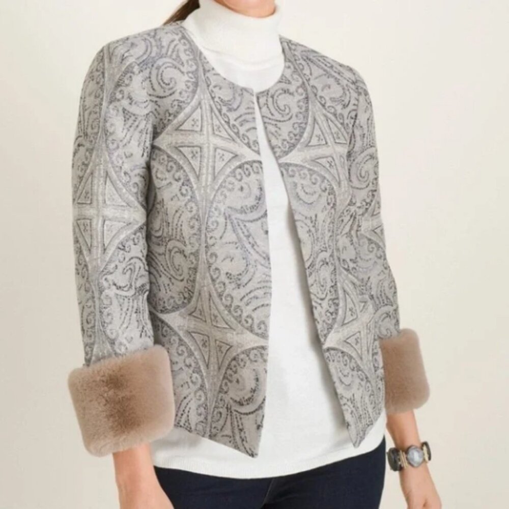 Chico's Jacquard Jacket with Faux Fur Cuff in Grey & Blue